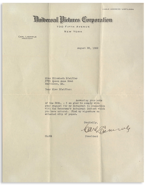 Universal Pictures Founder Carl Laemmle, Sr. Letter Signed From 1932